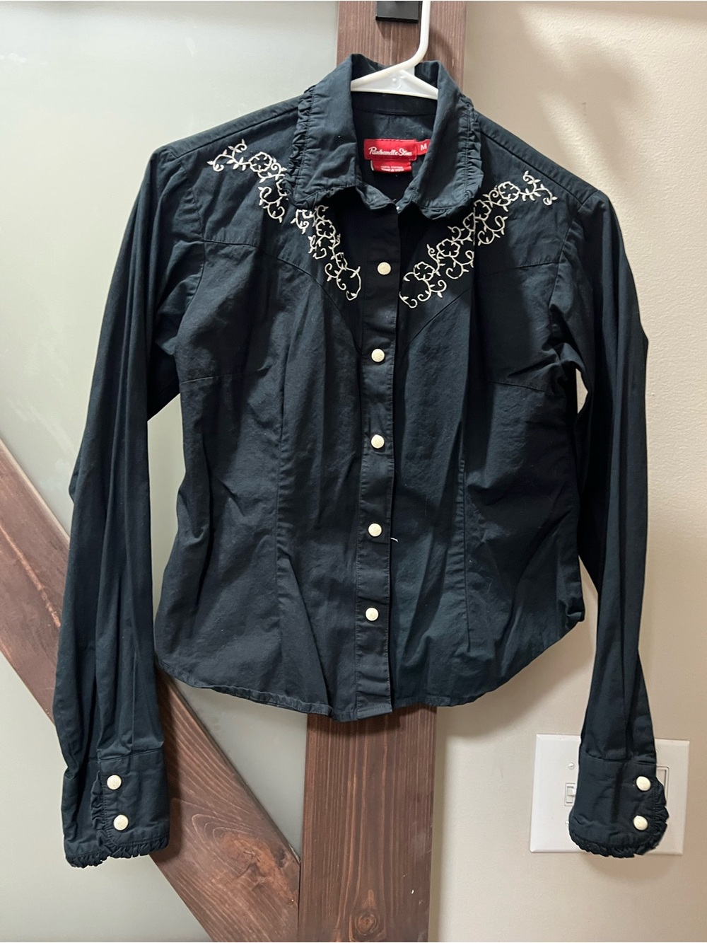 Black Western-Style Button-Down Shirt with White Embroidery